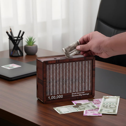 ikkubans 7*5 INCHWooden Money Saving Box| Cash Saver Money Box with Counting Target|wooden Coin Bank (Brown)