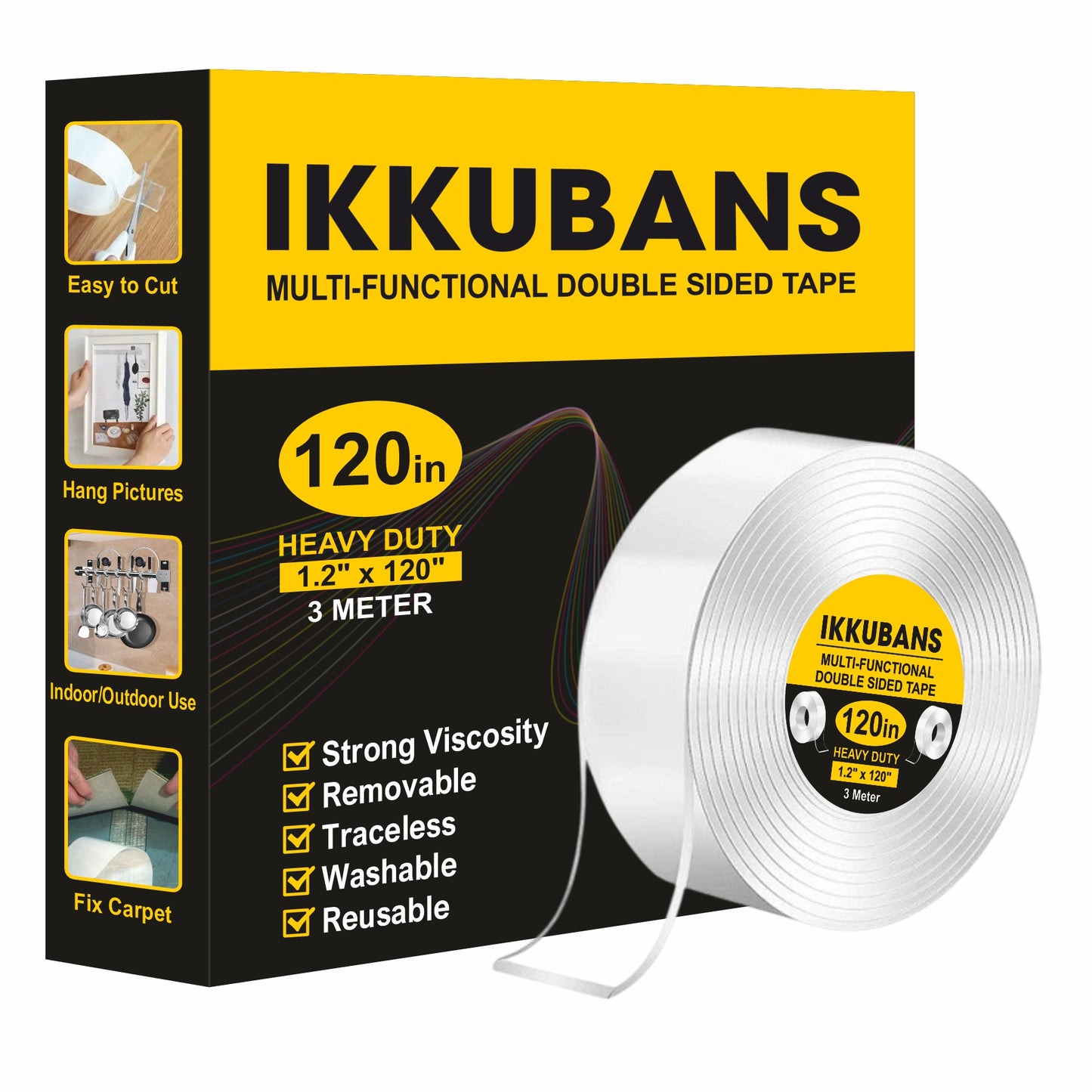 ikkubans Double Sided Tape roll Heavy Duty Transparent 3 Meter (120 inch) | Multi-Functional Nano Gel Grip Tape (Manual)  (transperant)