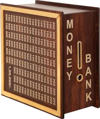 ikkubans 7*7 INCH Wooden Money Saving Box|CashSaver MoneyBox with Counting Target|wooden Coin Bank Coin Bank  (Brown)